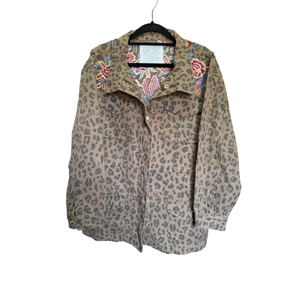 Kyla Seo Leopard Print Floral Embroidered Utility Jacket Brown Cotton Large